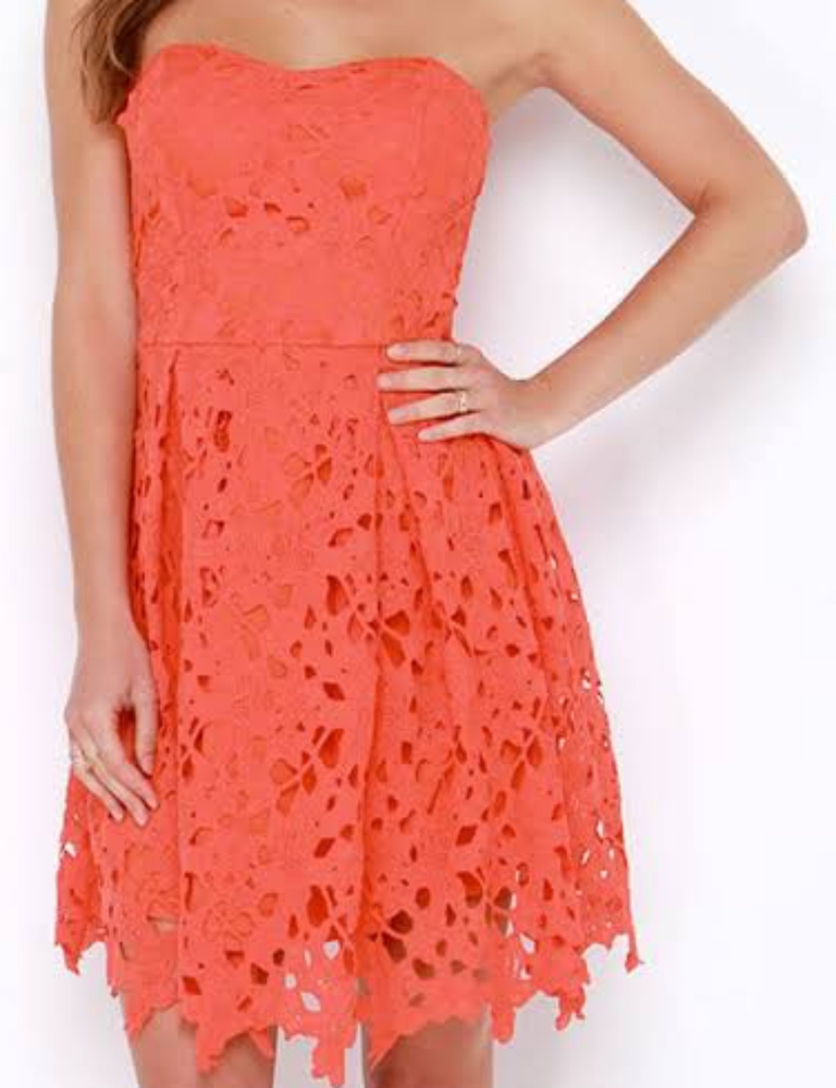 Lulu's M All is Fleur Red Orange Strapless Lace Dress